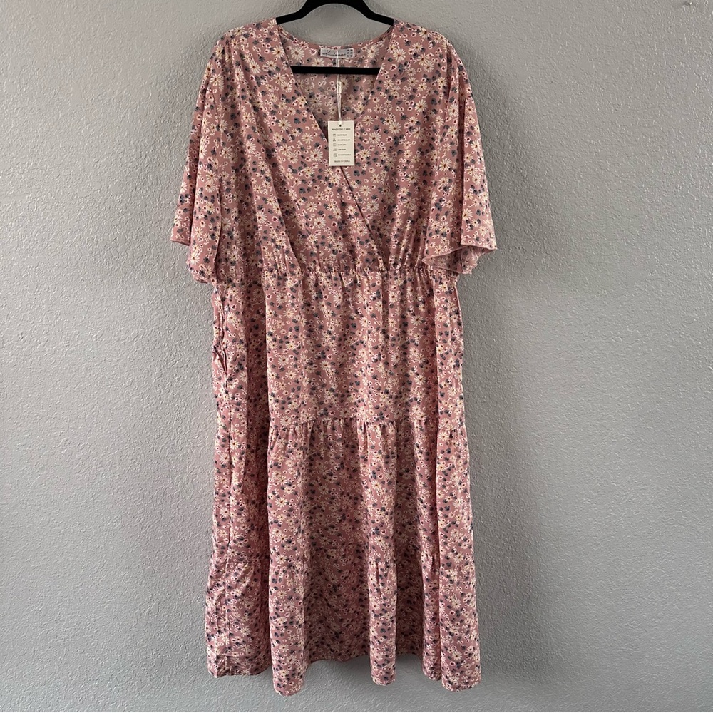 Kelunni Pink Spring Floral Wrap Midi Dress NWT Size 24W Tiered Boho Cottagecore